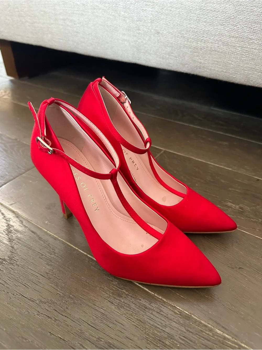 Red T-Strap Pointed Toe Pumps - Women